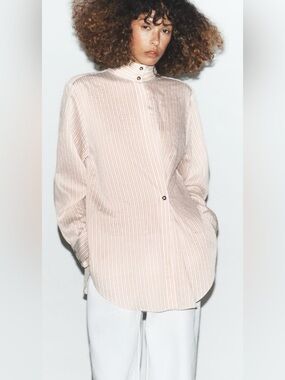 Zara Light Blush Pinstripe High-Neck Button Shirt